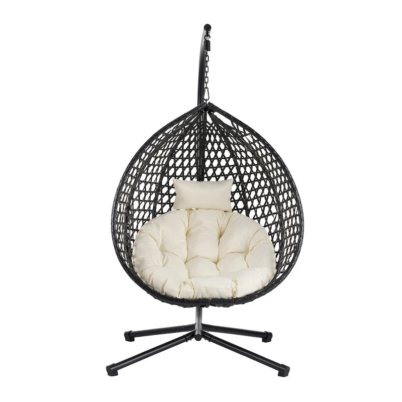 Fauteuil suspendu polyvalent pour l'intérieur et l'extérieur, en rotin PE, avec support et coussin.