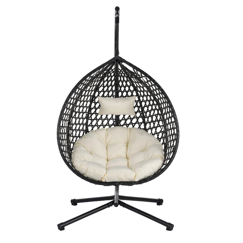 Fauteuil suspendu polyvalent pour l'intérieur et l'extérieur, en rotin PE, avec support et coussin.