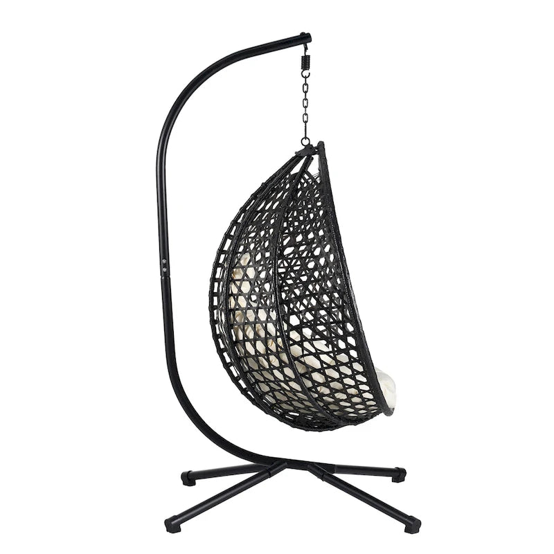 Fauteuil suspendu polyvalent pour l'intérieur et l'extérieur, en rotin PE, avec support et coussin.