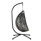 Fauteuil suspendu polyvalent pour l'intérieur et l'extérieur, en rotin PE, avec support et coussin.
