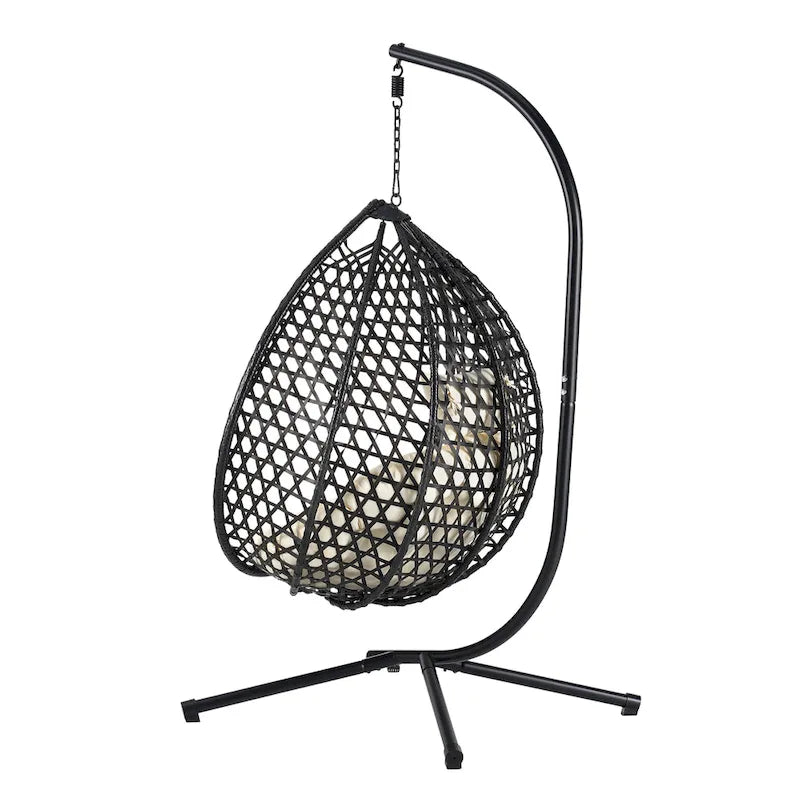 Fauteuil suspendu polyvalent pour l'intérieur et l'extérieur, en rotin PE, avec support et coussin.