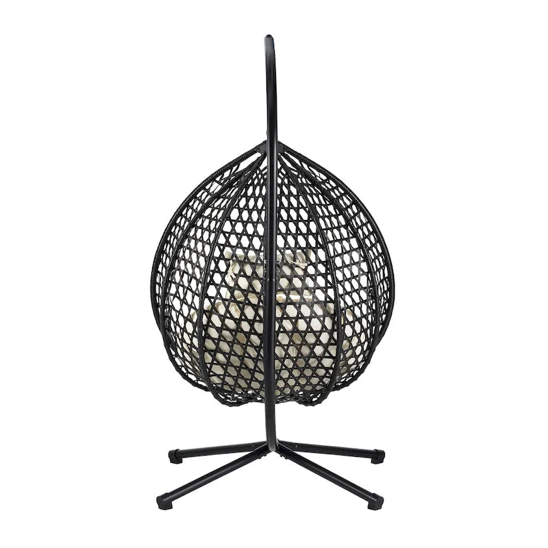 Fauteuil suspendu polyvalent pour l'intérieur et l'extérieur, en rotin PE, avec support et coussin.