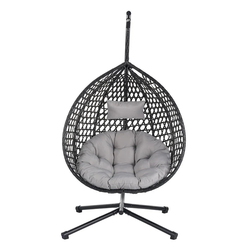 Fauteuil suspendu polyvalent pour l'intérieur et l'extérieur, en rotin PE, avec support et coussin.