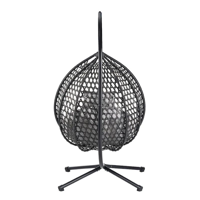Fauteuil suspendu polyvalent pour l'intérieur et l'extérieur, en rotin PE, avec support et coussin.