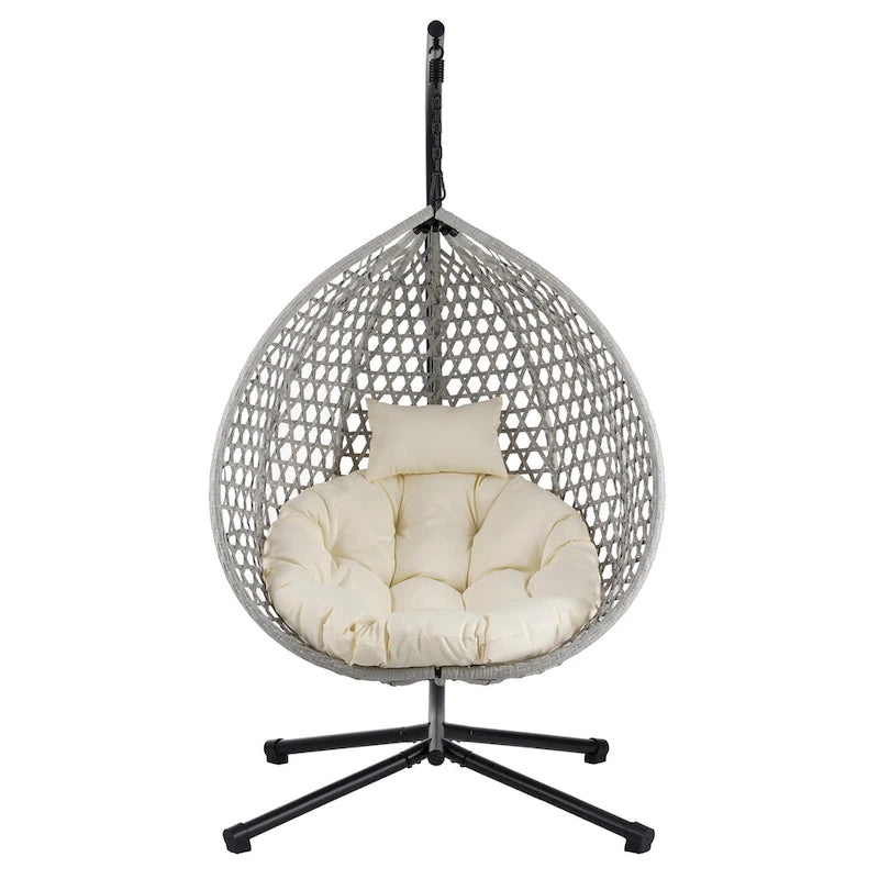 Fauteuil suspendu polyvalent pour l'intérieur et l'extérieur, en rotin PE, avec support et coussin.