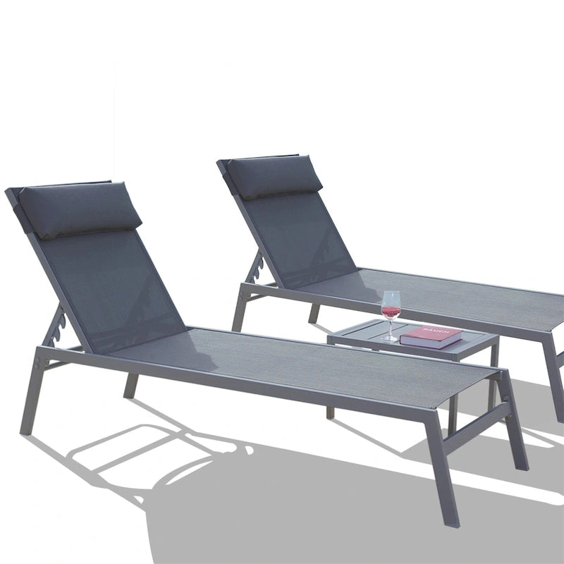Ensemble de chaises longues d'extérieur pour patio, 3 pièces, chaises longues de piscine avec dossier réglable et appui-tête, 1 table