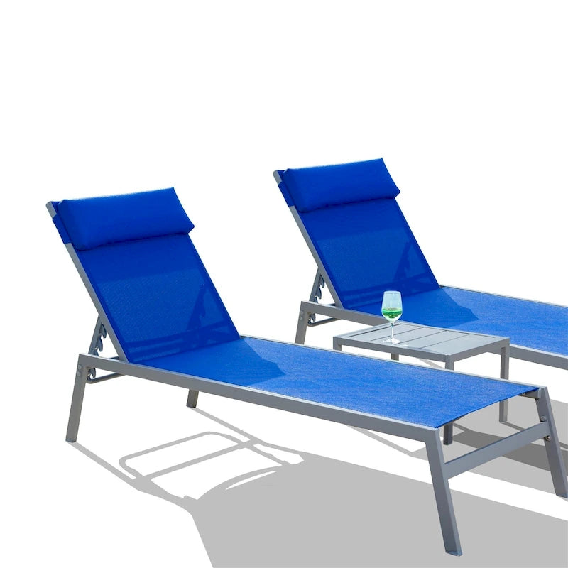 Ensemble de chaises longues d'extérieur pour patio, 3 pièces, chaises longues de piscine avec dossier réglable et appui-tête, 1 table