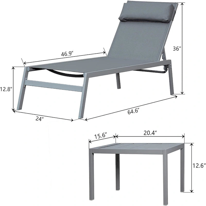 Ensemble de chaises longues d'extérieur pour patio, 3 pièces, chaises longues de piscine avec dossier réglable et appui-tête, 1 table