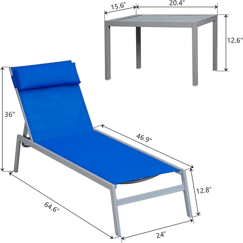 Ensemble de chaises longues d'extérieur pour patio, 3 pièces, chaises longues de piscine avec dossier réglable et appui-tête, 1 table