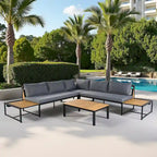 Ensemble de canapé d'angle en fer forgé 4 pièces pour terrasse, avec table basse et étagère de rangement latérale.