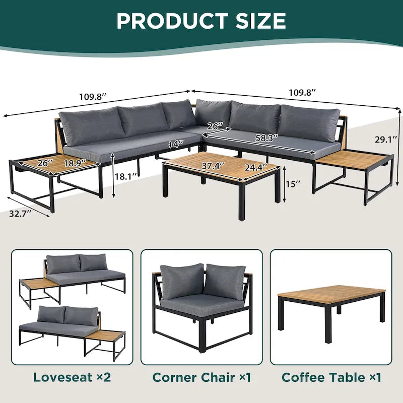 Ensemble de canapé d'angle en fer forgé 4 pièces pour terrasse, avec table basse et étagère de rangement latérale.