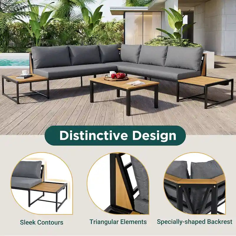 Ensemble de canapé d'angle en fer forgé 4 pièces pour terrasse, avec table basse et étagère de rangement latérale.