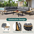 Ensemble de canapé d'angle en fer forgé 4 pièces pour terrasse, avec table basse et étagère de rangement latérale.
