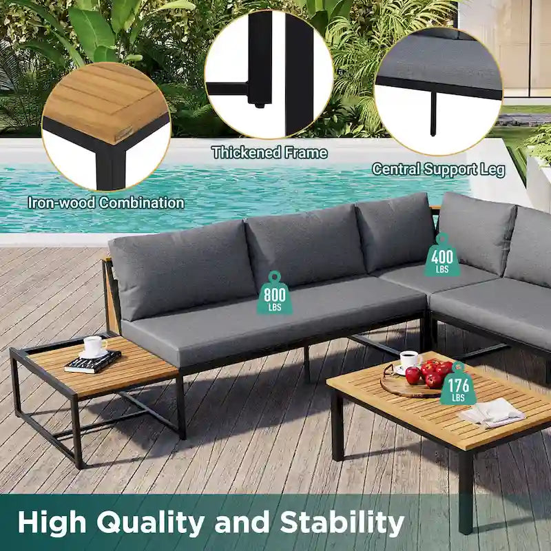 Ensemble de canapé d'angle en fer forgé 4 pièces pour terrasse, avec table basse et étagère de rangement latérale.