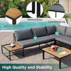 Ensemble de canapé d'angle en fer forgé 4 pièces pour terrasse, avec table basse et étagère de rangement latérale.