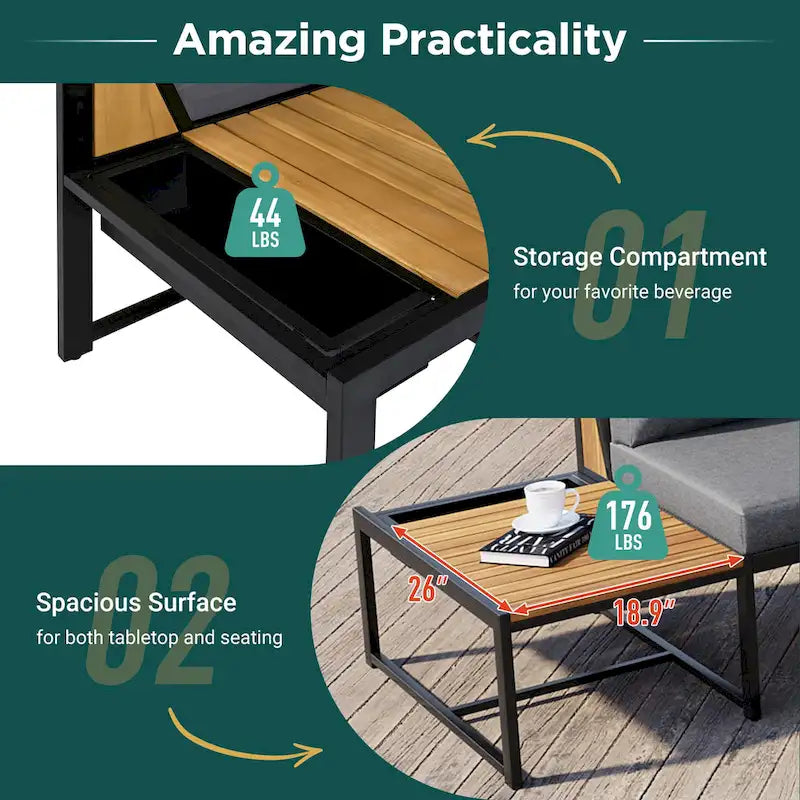 Ensemble de canapé d'angle en fer forgé 4 pièces pour terrasse, avec table basse et étagère de rangement latérale.
