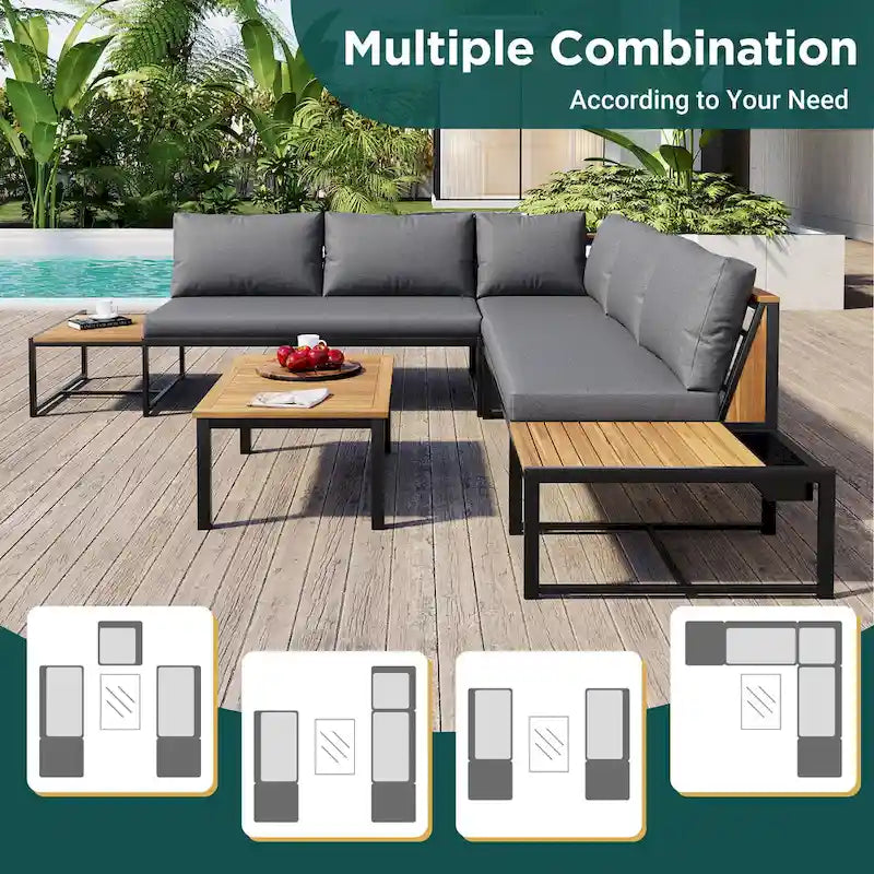 Ensemble de canapé d'angle en fer forgé 4 pièces pour terrasse, avec table basse et étagère de rangement latérale.