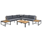 Ensemble de canapé d'angle en fer forgé 4 pièces pour terrasse, avec table basse et étagère de rangement latérale.