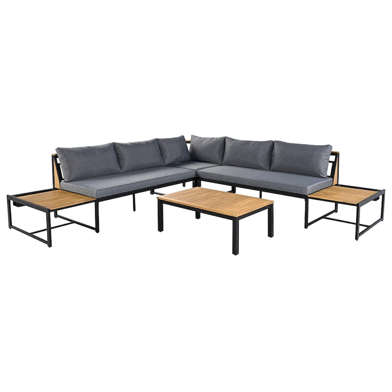 Ensemble de canapé d'angle en fer forgé 4 pièces pour terrasse, avec table basse et étagère de rangement latérale.