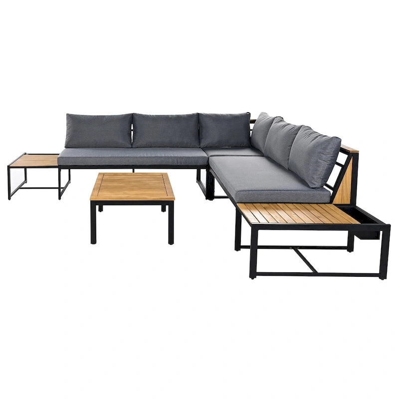 Ensemble de canapé d'angle en fer forgé 4 pièces pour terrasse, avec table basse et étagère de rangement latérale.