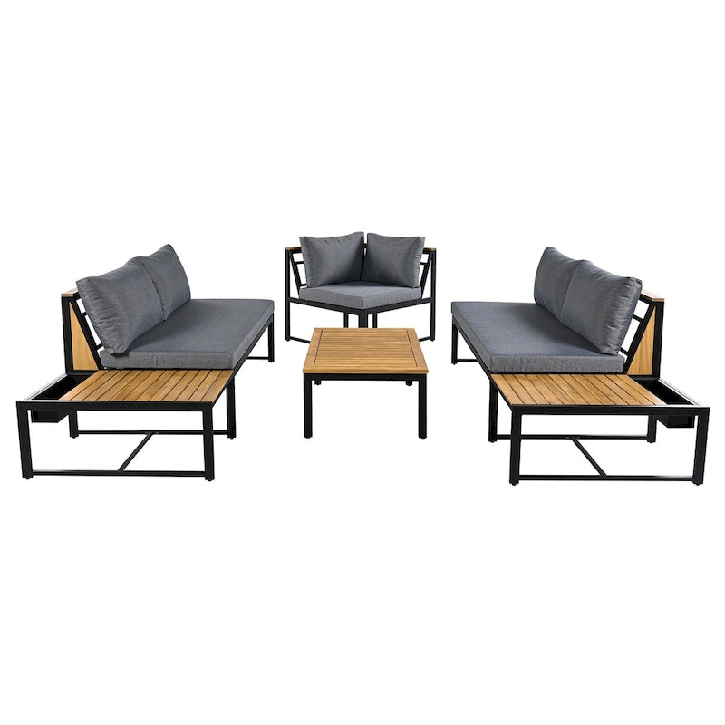 Ensemble de canapé d'angle en fer forgé 4 pièces pour terrasse, avec table basse et étagère de rangement latérale.