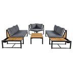 Ensemble de canapé d'angle en fer forgé 4 pièces pour terrasse, avec table basse et étagère de rangement latérale.
