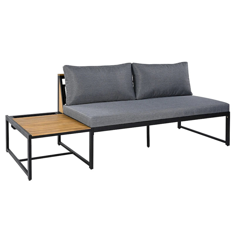 Ensemble de canapé d'angle en fer forgé 4 pièces pour terrasse, avec table basse et étagère de rangement latérale.