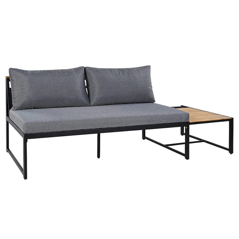 Ensemble de canapé d'angle en fer forgé 4 pièces pour terrasse, avec table basse et étagère de rangement latérale.