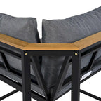 Ensemble de canapé d'angle en fer forgé 4 pièces pour terrasse, avec table basse et étagère de rangement latérale.