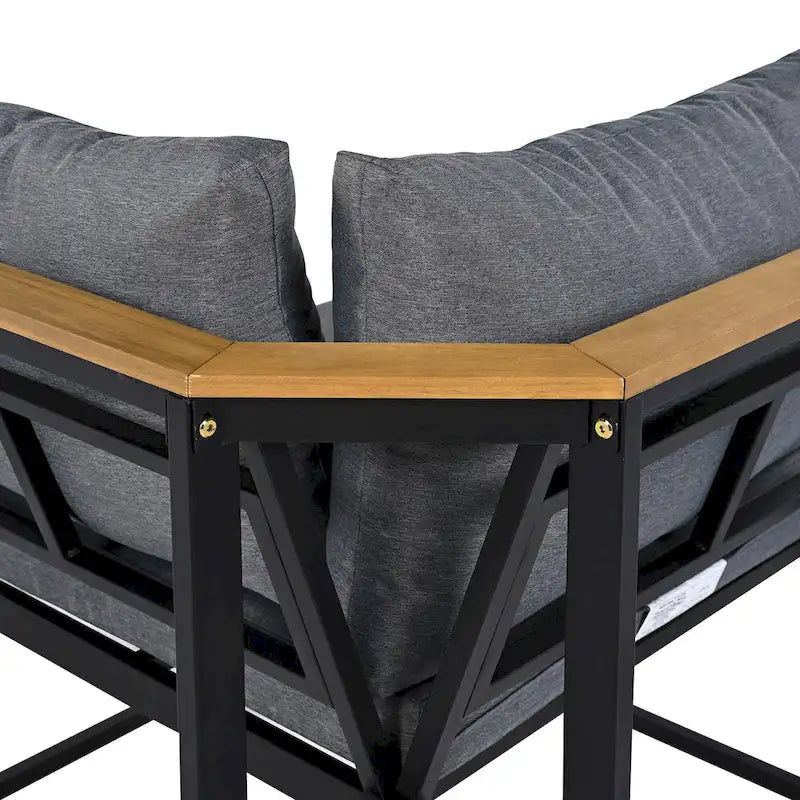 Ensemble de canapé d'angle en fer forgé 4 pièces pour terrasse, avec table basse et étagère de rangement latérale.
