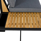 Ensemble de canapé d'angle en fer forgé 4 pièces pour terrasse, avec table basse et étagère de rangement latérale.