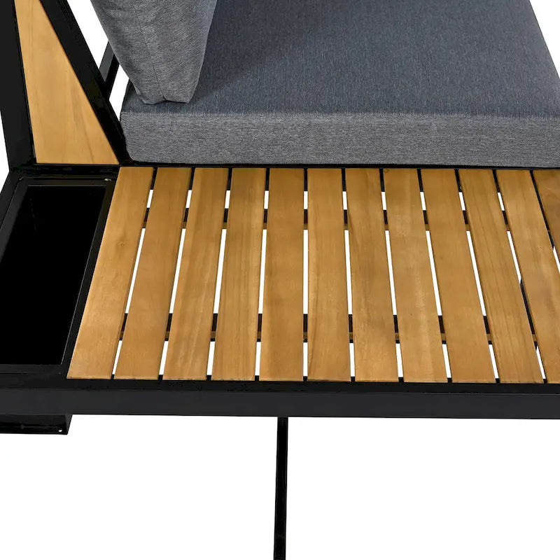 Ensemble de canapé d'angle en fer forgé 4 pièces pour terrasse, avec table basse et étagère de rangement latérale.