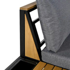 Ensemble de canapé d'angle en fer forgé 4 pièces pour terrasse, avec table basse et étagère de rangement latérale.