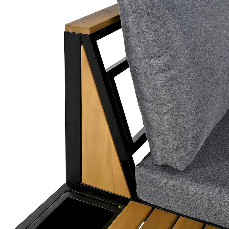Ensemble de canapé d'angle en fer forgé 4 pièces pour terrasse, avec table basse et étagère de rangement latérale.