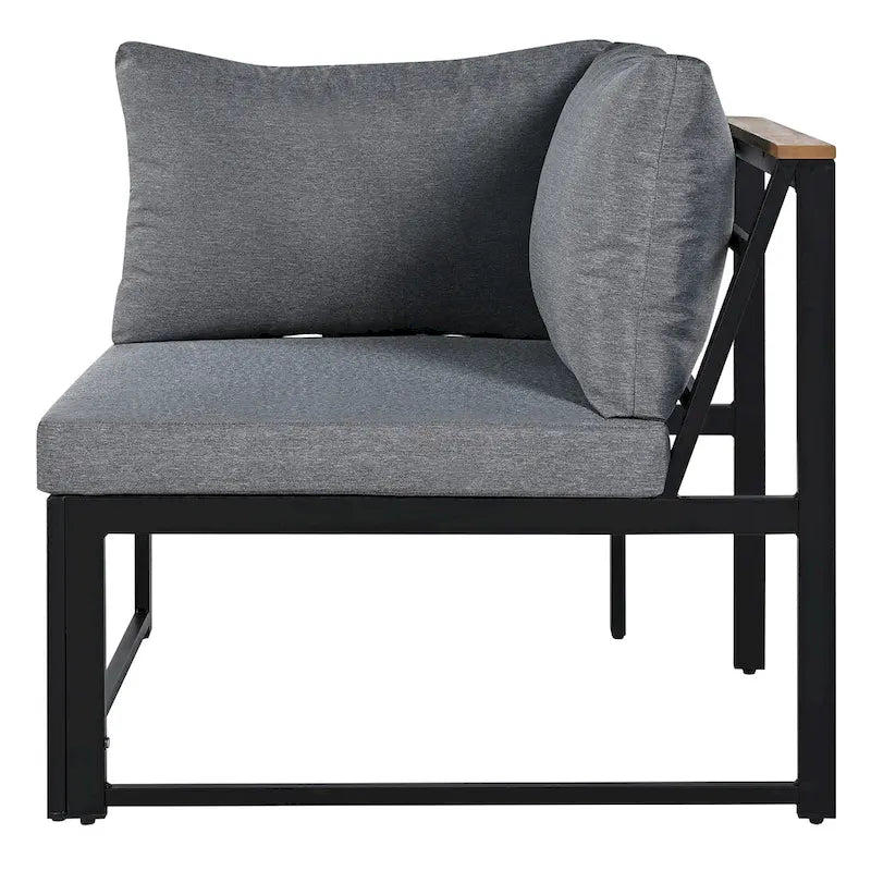 Ensemble de canapé d'angle en fer forgé 4 pièces pour terrasse, avec table basse et étagère de rangement latérale.