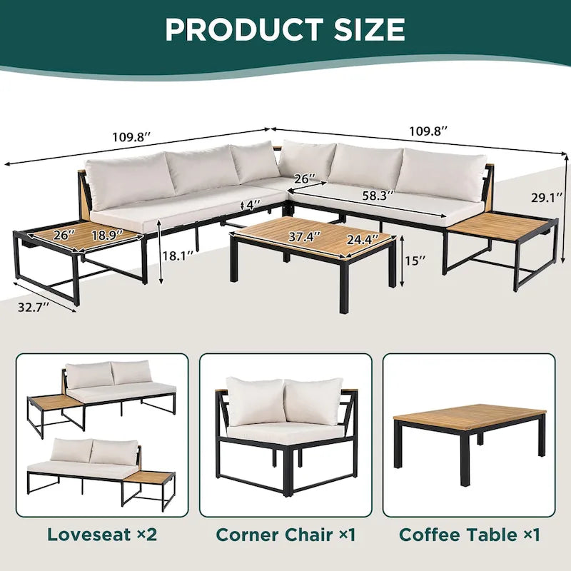 Ensemble de canapé d'angle en fer forgé 4 pièces pour terrasse, avec table basse et étagère de rangement latérale.