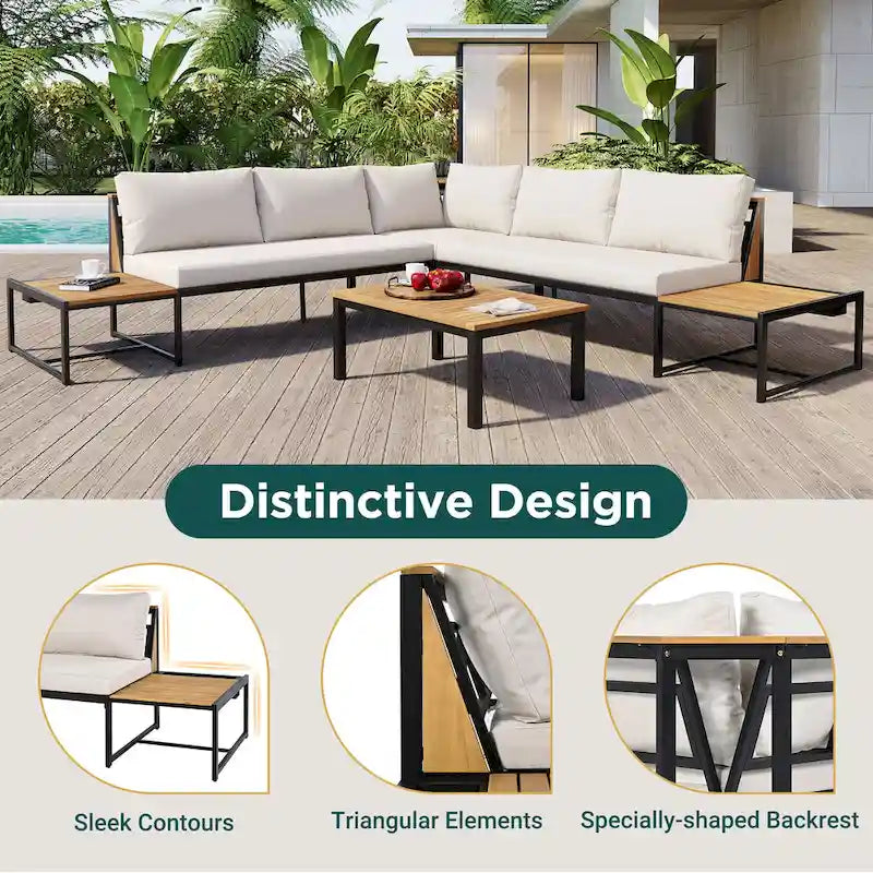 Ensemble de canapé d'angle en fer forgé 4 pièces pour terrasse, avec table basse et étagère de rangement latérale.