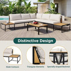Ensemble de canapé d'angle en fer forgé 4 pièces pour terrasse, avec table basse et étagère de rangement latérale.