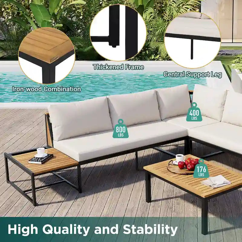 Ensemble de canapé d'angle en fer forgé 4 pièces pour terrasse, avec table basse et étagère de rangement latérale.