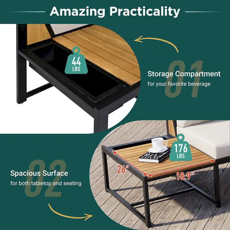Ensemble de canapé d'angle en fer forgé 4 pièces pour terrasse, avec table basse et étagère de rangement latérale.