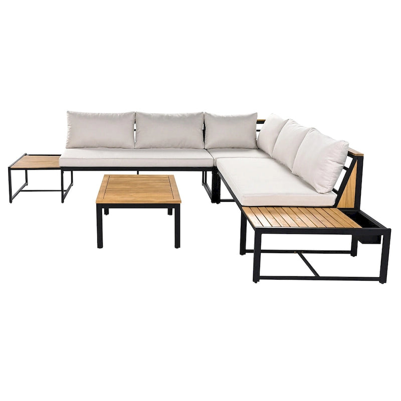 Ensemble de canapé d'angle en fer forgé 4 pièces pour terrasse, avec table basse et étagère de rangement latérale.