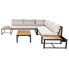 Ensemble de canapé d'angle en fer forgé 4 pièces pour terrasse, avec table basse et étagère de rangement latérale.