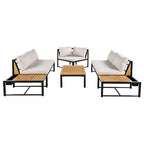 Ensemble de canapé d'angle en fer forgé 4 pièces pour terrasse, avec table basse et étagère de rangement latérale.