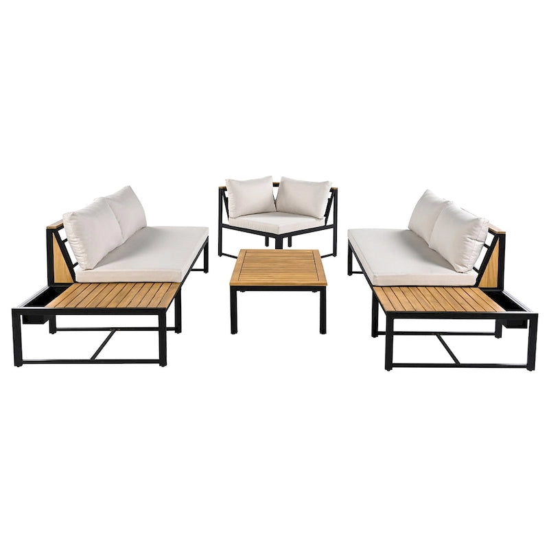 Ensemble de canapé d'angle en fer forgé 4 pièces pour terrasse, avec table basse et étagère de rangement latérale.