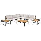 Ensemble de canapé d'angle en fer forgé 4 pièces pour terrasse, avec table basse et étagère de rangement latérale.