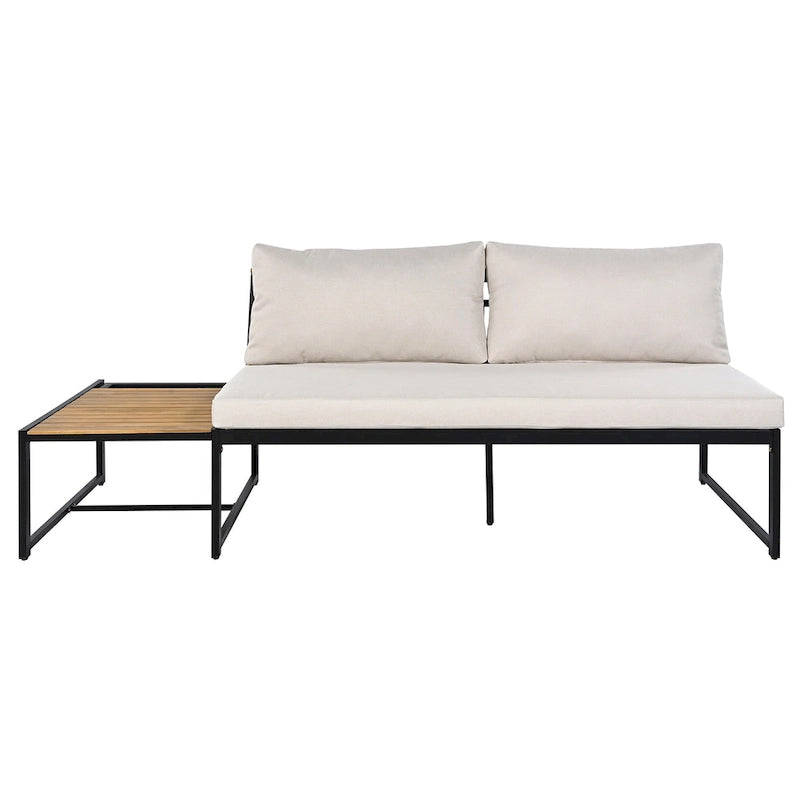 Ensemble de canapé d'angle en fer forgé 4 pièces pour terrasse, avec table basse et étagère de rangement latérale.