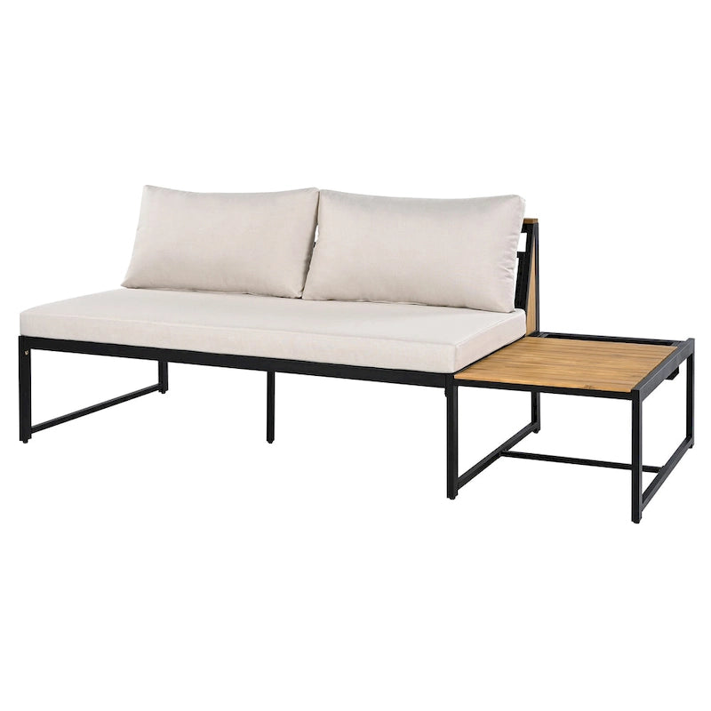 Ensemble de canapé d'angle en fer forgé 4 pièces pour terrasse, avec table basse et étagère de rangement latérale.