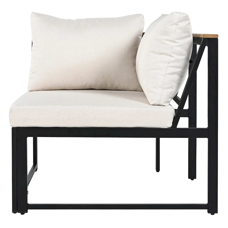 Ensemble de canapé d'angle en fer forgé 4 pièces pour terrasse, avec table basse et étagère de rangement latérale.