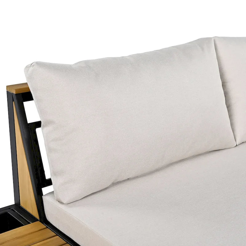 Ensemble de canapé d'angle en fer forgé 4 pièces pour terrasse, avec table basse et étagère de rangement latérale.