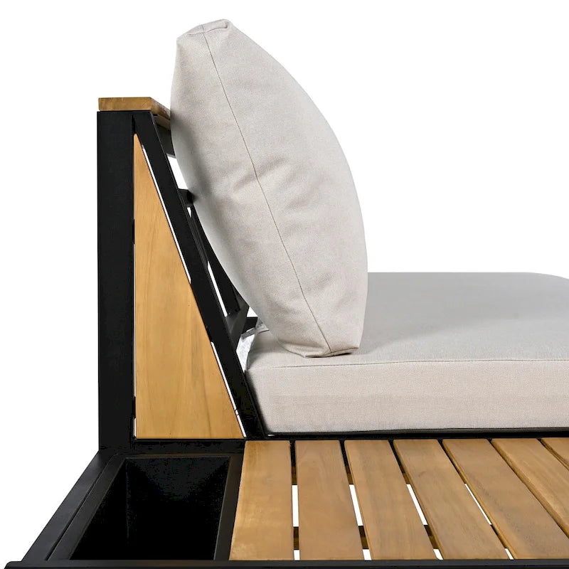 Ensemble de canapé d'angle en fer forgé 4 pièces pour terrasse, avec table basse et étagère de rangement latérale.